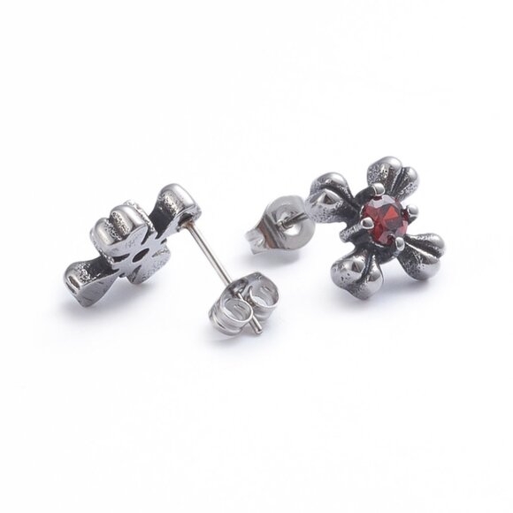 NWOT - Stainless steel Cross Bones Stud earrings W Red Crystal Mix & Match 2/$10 - Picture 2 of 2